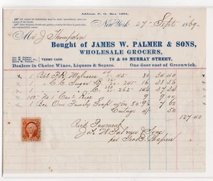 1869 Billhead James W. Palmer & Sons Wholesale Grocers Revenue Stamp New York - Picture 1 of 4