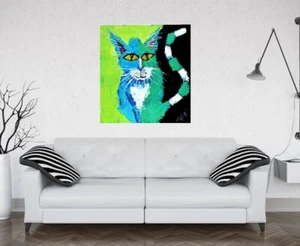 big UNIQUE Pop Art colorful CAT PAINTING Acrylic upcycled SWARTZMILLER DNA wall - Picture 1 of 17