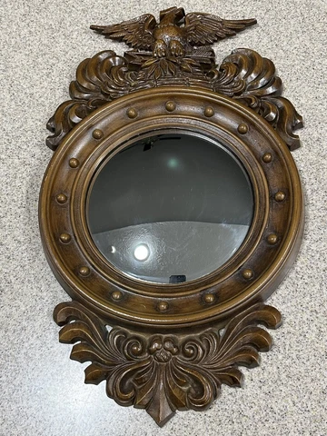 Vintage Heavy Plastic Mirror 19” MCM Round Mirror Eagle Brown Frame Marked 580 Cover
