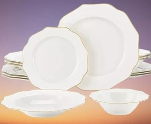 Elegant White Bone China Scalloped with Gold Rim 16 piece Dinnerware Set for 4 - Picture 1 of 6