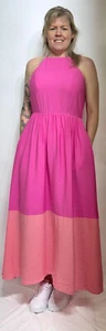 Oliver Bonas Dress Halter Neck Midi WovenFabric Colour Block Pink/Coral RRP£85 - Picture 1 of 9