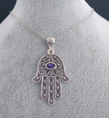 Tibetan Silver Hamsa Hand Amulet, Blue Diamante Eye Necklace Handmade + Gift Bag Foto 1 de 4