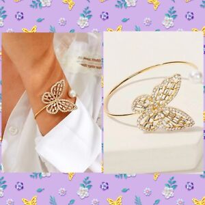 White Topaz Butterfly Spring Loaded Cuff Gold Tone Bangle Bracelet, 7-9"