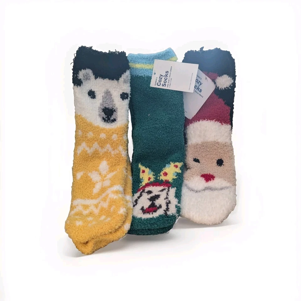 🌲⛄3 Pr 圣诞舒适旧海军拖鞋袜-圣诞老人、小狗、北极熊 Wm's 全新  — 第 1/4 张图片