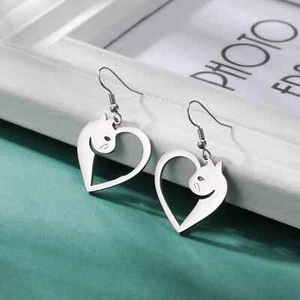 Cat Kitten Heart Pendant Earrings Stainless Steel Animal Drop Earrings Jewelry - Picture 1 of 8