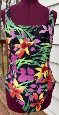 Traje de baño Speedo para mujer negro floral de una pieza vintage talla 16 playa tropical Foto 1 de 4