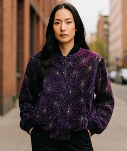 Vintage 80’s Purple Velvet Jacket Sparkle Oversized Bomber I T Ties Attitudes Gr. XL - Bild 1 von 22