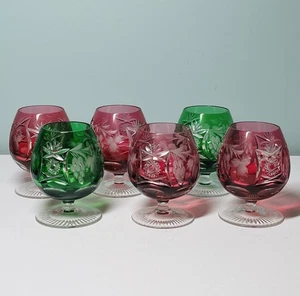 6 NACHTMANN CUT TO CLEAR CRYSTAL BRANDY SNIFTERS EMERALD GREE AND RUBY RED - Picture 1 of 7