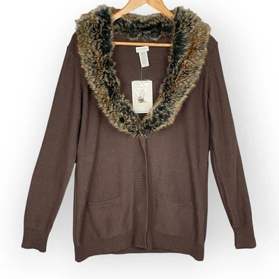 Jaclyn Smith Womens Brown Faux Fur Collar Cardigan Sweater Size L Vintage Y2K - Image 1 of 4