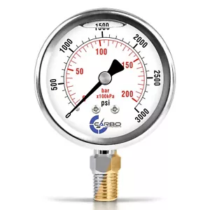 2.5" LIQUID FILLED PRESSURE GAUGE 0 - 3000 PSI, STAINLESS STEEL CASE LOWER MOUNT - Picture 1 of 6
