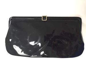 Etra Black Faux Patent Leather Clutch 10in Purse Shiny Vegan Metal Clasp Satin - Picture 1 of 1