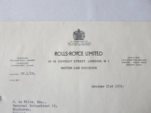 1955 Rolls Royce Limited Letter Letterhead Document Bentley Continental Wraith - Picture 1 of 5