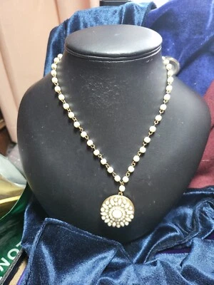 Vintage Gold Tone Pearl And Milk Glass Locket and Chain - Image 1 of 4