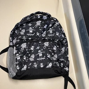 17” Kids Backpack Black & White Galaxy Space Rockets Doodle Pouch Pocket School - Picture 1 of 6