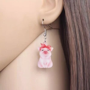 Diadema Lechón Cerdito Cerdo Pendientes de Acrílico Plano - Lindos Joyería de Animales de Granja - Nuevos - Imagen 1 de 7