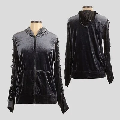 Material Girl Active Gray Velour Crisscross Sleeve Hooded Jacket Size L - Image 1 of 4