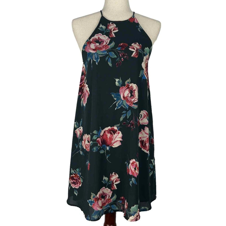 EVERLY SLEEVELESS THIN STRAPS HIGH NECK FLORAL SHIFT MINI DRESS MULTI SMALL EUC - Image 1 of 4
