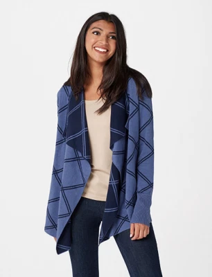 Cardigã H by Halston xadrez dupla face aberto-frente manga longa, azul pedra, GG - Imagem 1 de 4