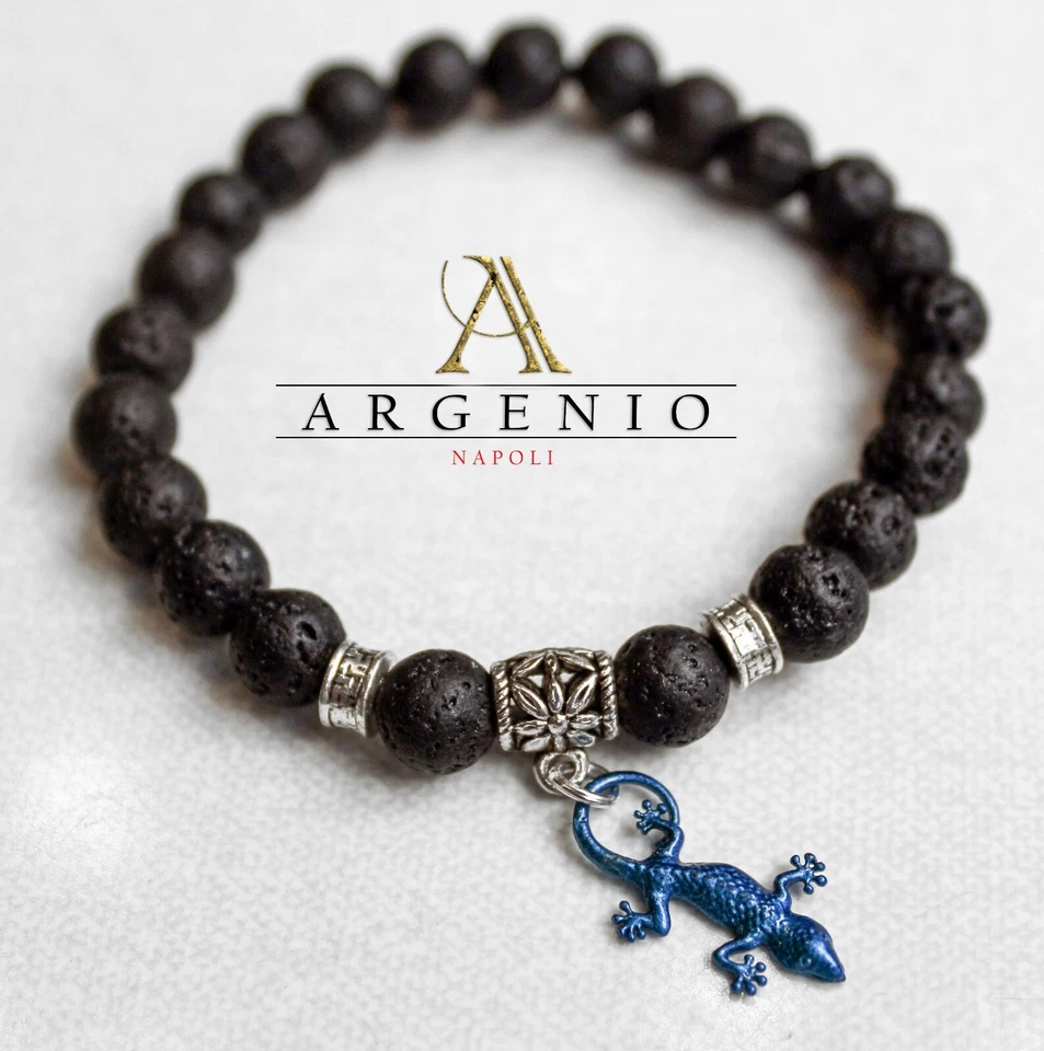 Bracciale pietra lavica del Vesuvio lucertola in argento 925  Argenio Napoli - Immagine 1 di 1