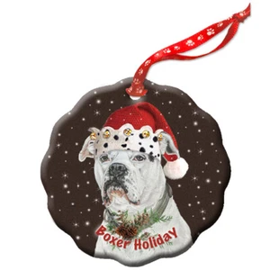 White Boxer Holiday Porcelain Christmas Tree Ornament Double-Sided - Picture 1 of 2