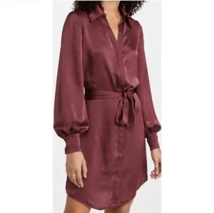 Ramy Brook Bordeauxrot Gürtel Langarm Satin Shirt Kleid Damen 10 defekt - Bild 1 von 10