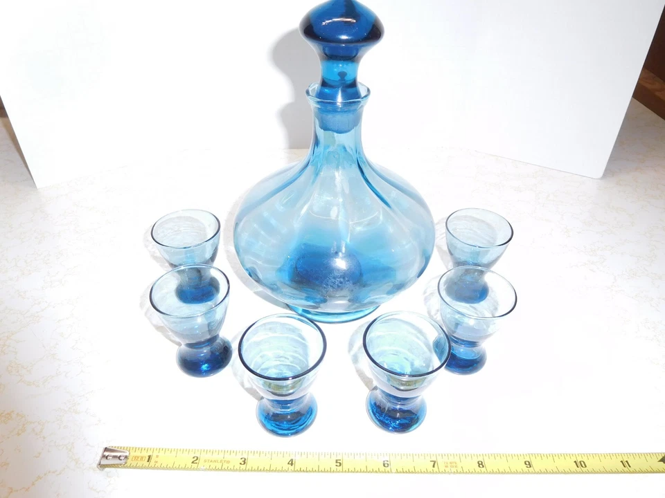 Vintage Blue Glass Wine/Liquor Serving Set of Bottle, Solid Lid & 6 Shot Glasses - Image 1 of 4