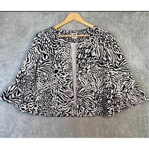 Anne Klein Blazer Jacket Women M Black Beige Animal Print Bell Sleeve Lined Open - Picture 1 of 11