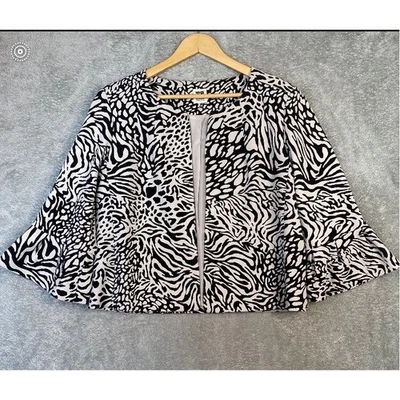 Anne Klein Blazer Jacket Women M Black Beige Animal Print Bell Sleeve Lined Open - Image 1 of 4