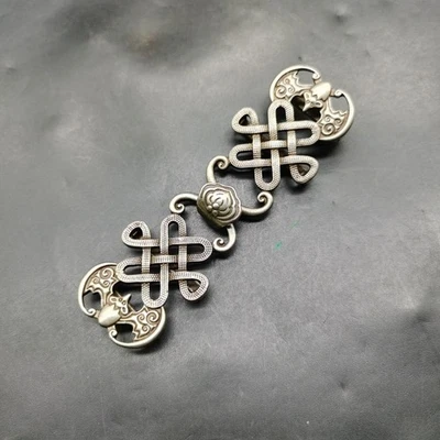 Exquisite Miao Ethnic White Copper Belt Buckle with Bat Auspicious Knot Motifs - Image 1 of 4