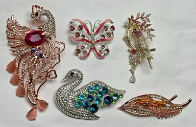 Crystal Rhinestone Butterfly Bird Brooch Pin LOT Peacock Parrot Swan Goose Bug - Image 1 of 4