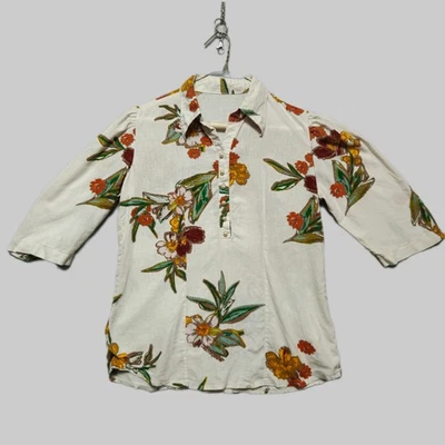Blusa floral vintage para mujer manga mediana 3/4 mezcla de lino perla botón boho Foto 1 de 4