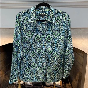 Talbots Vibrant Blue and Green Patterned Top Size Large - Picture 1 of 5