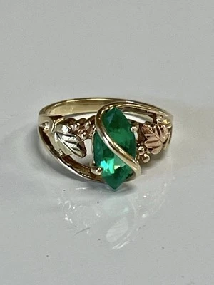 Black Hills Gold 10k Marquise Lab Created Emerald Leaves Ring Size 3.5 - Image 1 of 4