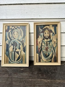 Vintage Mosaic Art Print Virginia Broderick Depicting Mary Jesus Sacred Heart - Picture 1 of 7