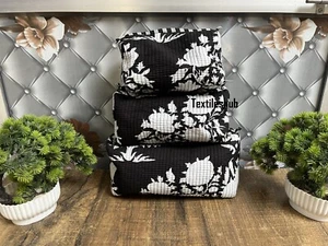 Indian Black Floral Cotton Quilted Toiletry Purse Cosmetic Storage Bag Of 3 Pcs - Picture 1 of 9
