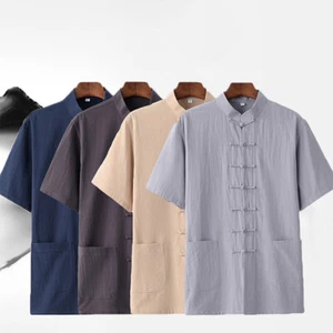 Herren Kung Fu Chinesischer Stil Kurzarm Hemd Sommer Traditionell Freizeit T-Shirt - Bild 1 von 19