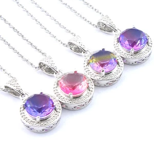 MIX 4PCS 10MM Round Cut Bi-Colored Tourmaline Gems Silver Pendant Necklaces - Picture 1 of 7