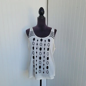 Canotta nuova con etichetta Lucky Brand Boho ricamata nera panna senza maniche cotone modal XL - Foto 1 di 13