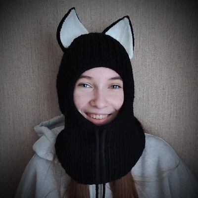 Husky perro pasamontañas. Pasamontañas de punto. Pasamontañas negro hecho a mano. Sombrero cálido.  Foto 1 de 4