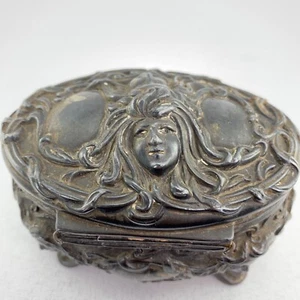 Antique French Art Nouveau Woman Silver Coated Jewelry Box Trinket Casket Box - Picture 1 of 14