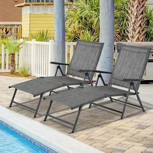 Set of 2 Lounger Chair Folding Patio Beach Pool Outdoor Recliner Chaise Sun bed - Picture 1 of 7