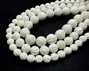 AAA Iridescent White Mother of Pearl MOP Shell Hand Carved Round Beads RNF129 - Picture 1 of 5