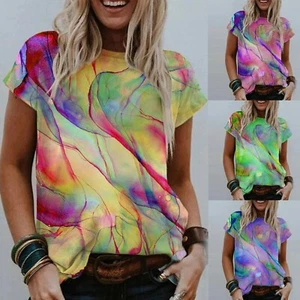 Summer Womens Casual Tie-dye T Shirt Crew Neck Short Sleeve Blouse Loose Top Tee - Picture 1 of 10