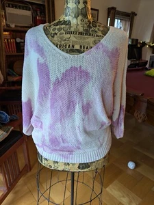 CHICOS 2/Womens L Sweater V-Neck Tape Yarn Pullover Top Lilac White Printed - Picture 1 of 13