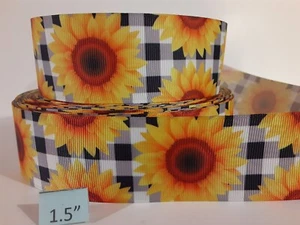 Grosgrain Ribbon Sunflowers Black and White Background Florist Fall Flowers 1.5" - Picture 1 of 1