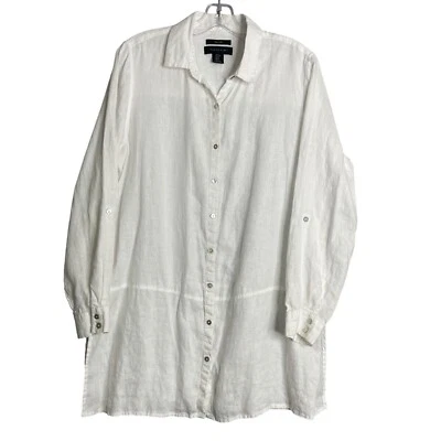Tahari 100% 亚麻束腰上衣女式 M 白色 Lagenlook 宽鬆版型 透气 — 第 1/4 张图片