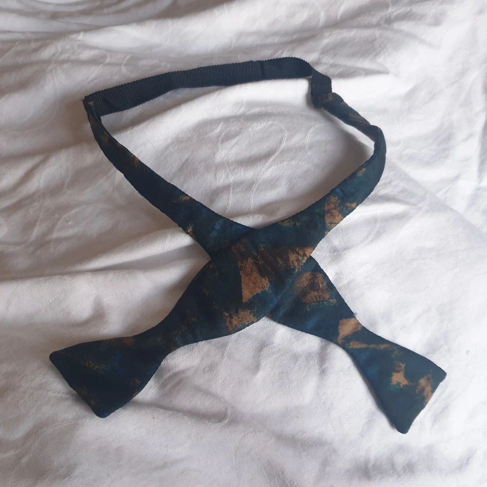 Vintage 80s 90s Self Tie Bow Tie Silk Teal Blue Gold Mustard Abstract - Image 1 of 4