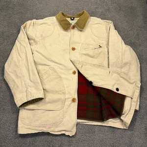 Vtg LL Bean Chore Barn Coat Mens Medium Tan Canvas Wool Liner USA Jacket Field - Picture 1 of 17