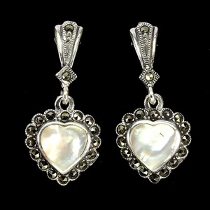 925 Sterling Silver Earrings Heart Mother Of Pearl 8mm Marcasite Gemstone - Picture 1 of 13