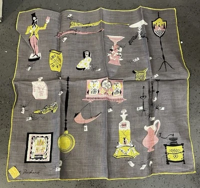 Pañuelo vintage Pat Prichard Hankie victoriano gris rosa amarillo lino Foto 1 de 4